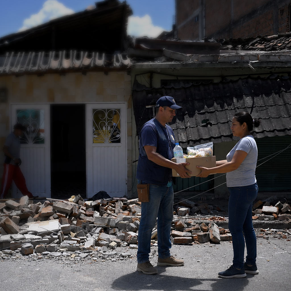Dos personas que se prestan ayuda en la calle tras el terremoto de Colombia 2026.